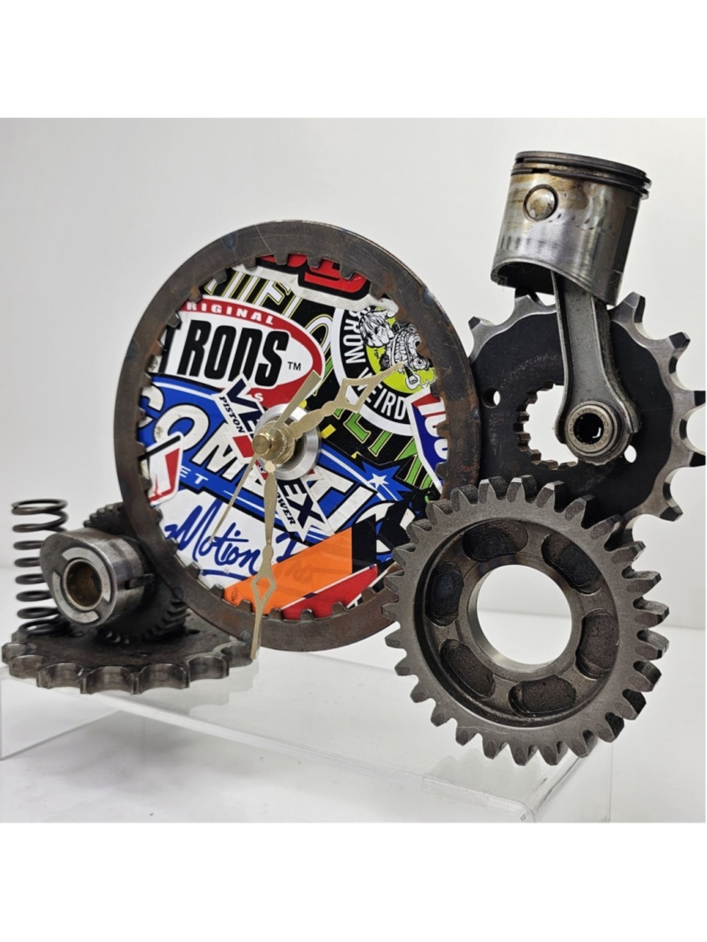 Handmade Welded Engine Parts Gear Clock Folk Art Motorcycle Racing